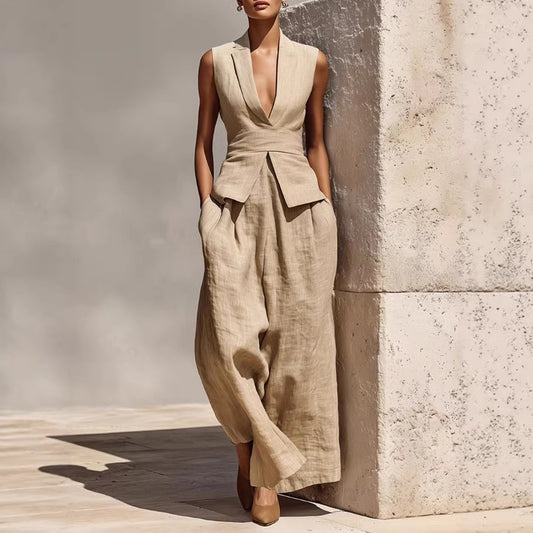 V-neck Sleeveless Tank Top And Casual Long Pants Set For Women