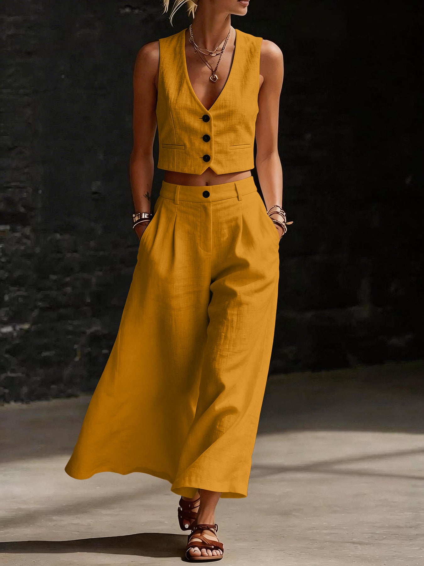 Womens Short V-Neck Vest And Wide-Leg Pants Set