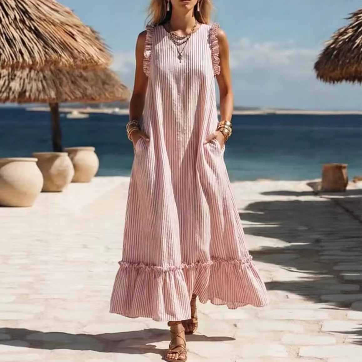 Sleeveless Ruffled Loose Striped Dress