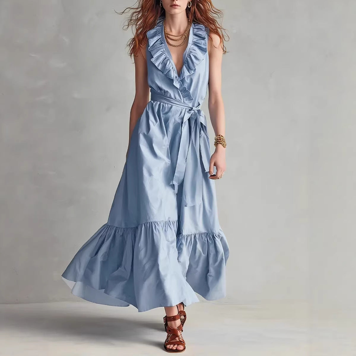 V-neck Sleeveless Lace-Up Panelled Dress