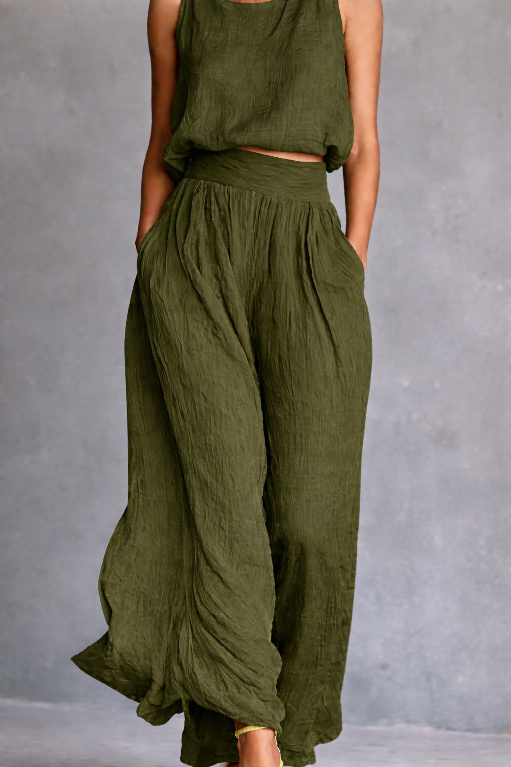 Casual Sleeveless Loose Crew-Neck Top And Wide-Leg Pants Set