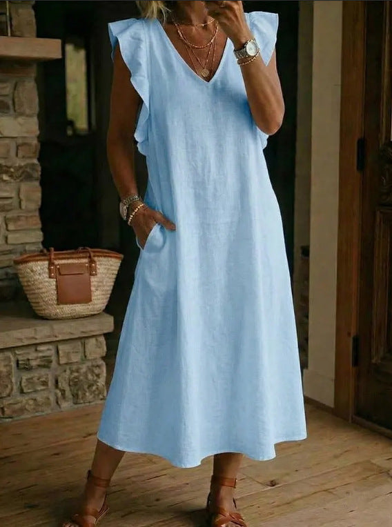 Womens Loose Cotton-Linen Suspender Dress With Ruffled Sleeves