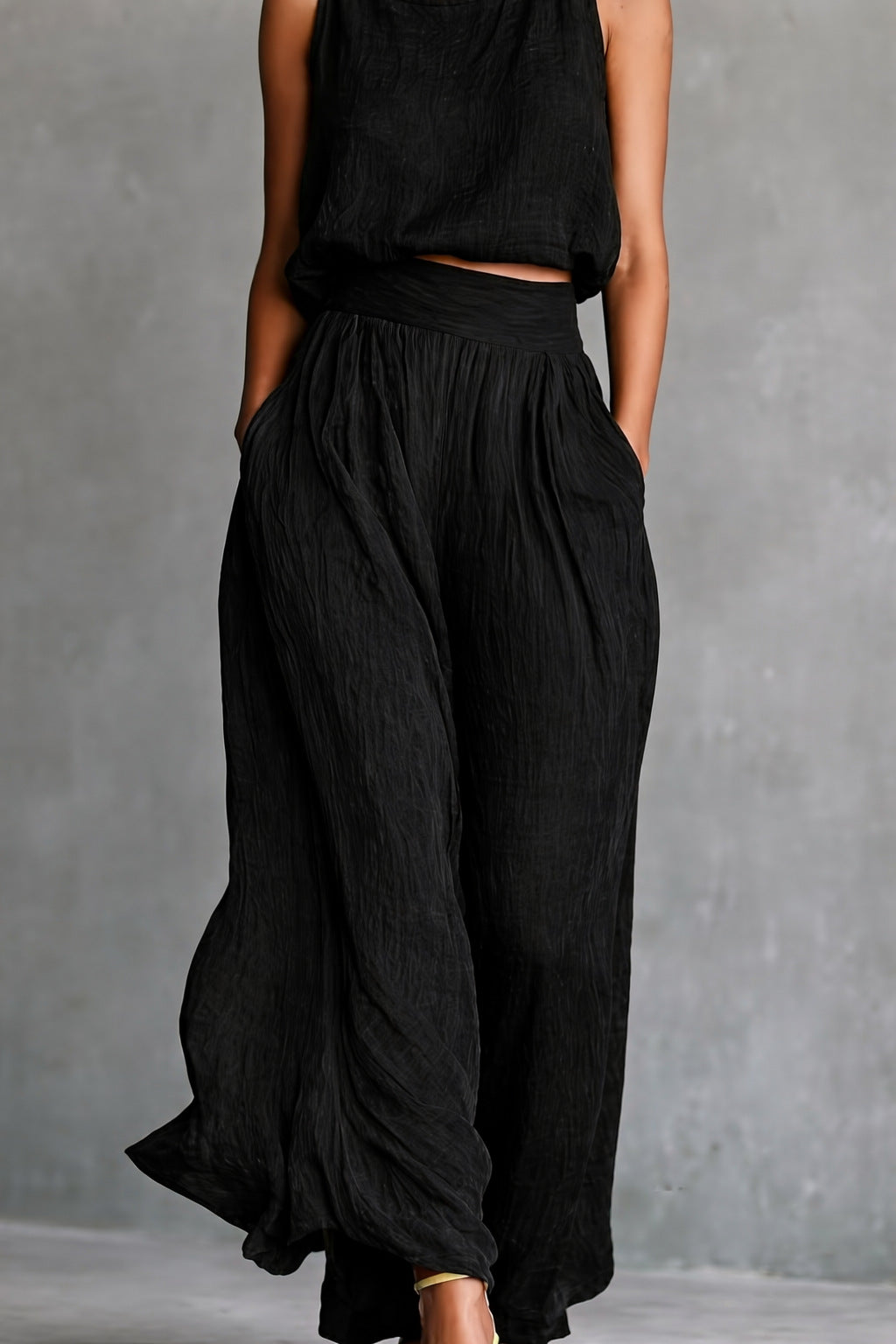 Casual Sleeveless Loose Crew-Neck Top And Wide-Leg Pants Set