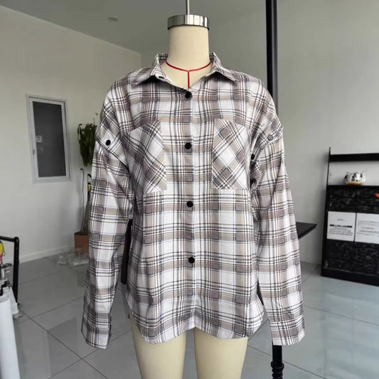 Retro-style Plaid Detachable Longshort-sleeve Shirt With Large Pockets