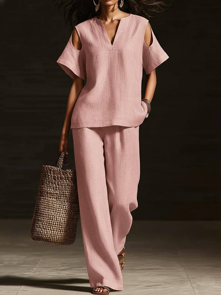 Womens Solid-Colored V-Neck Straight-Leg Pants Short-Sleeve Set With Ripped Details
