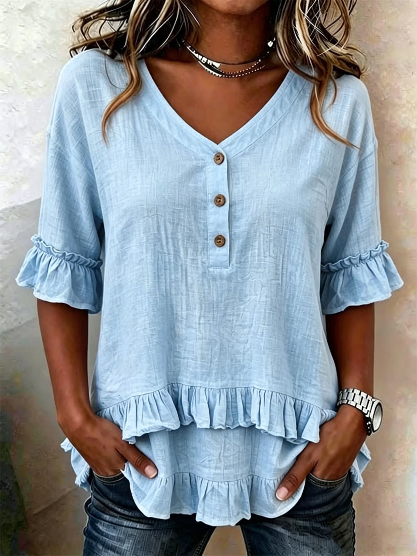 Womens Retro V-Neck Ruffled Loose Short-Sleeve Shirt