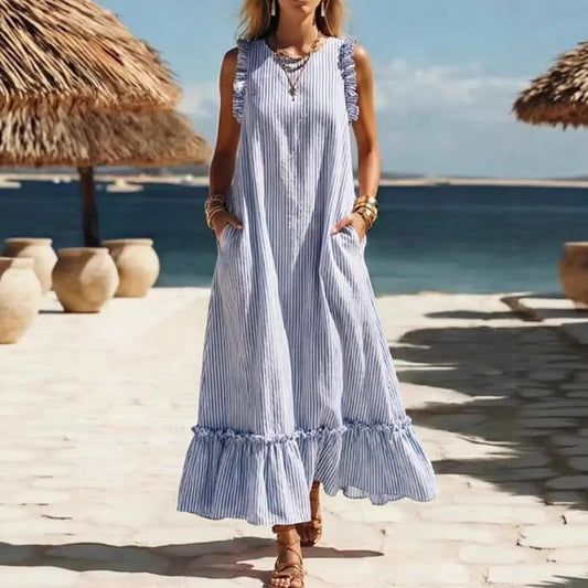 Sleeveless Ruffled Loose Striped Dress