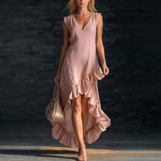 Women's Fashion Romantic Sleeveless V-Neck Ruffle Hem Cotton Linen Maxi Dress