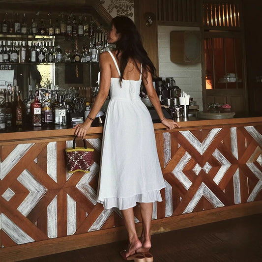 French-style Resort Slip Dress Sexy Open-back Solid Color High-waisted Figure-flattering