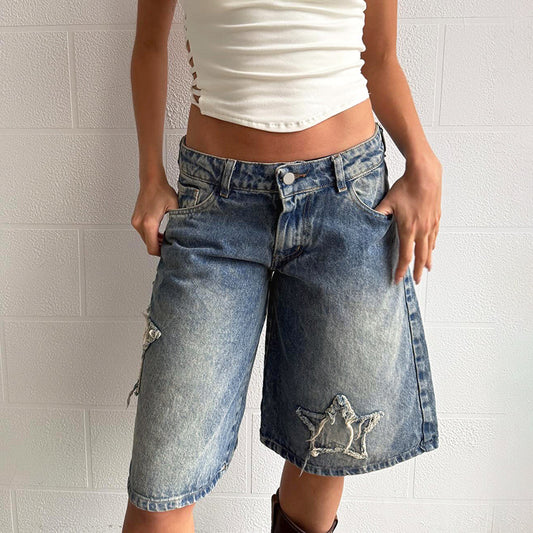 Women's Casual Denim Cropped Pants With Star Patches