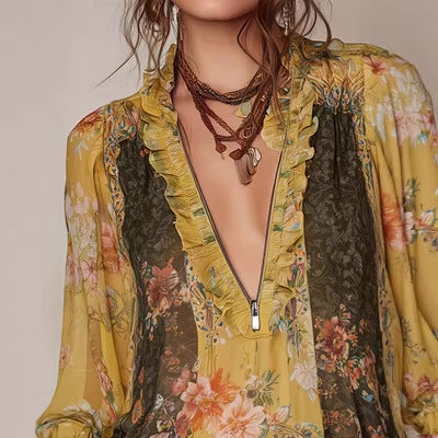 Zip-front Pleated Floral Chiffon Blouse
