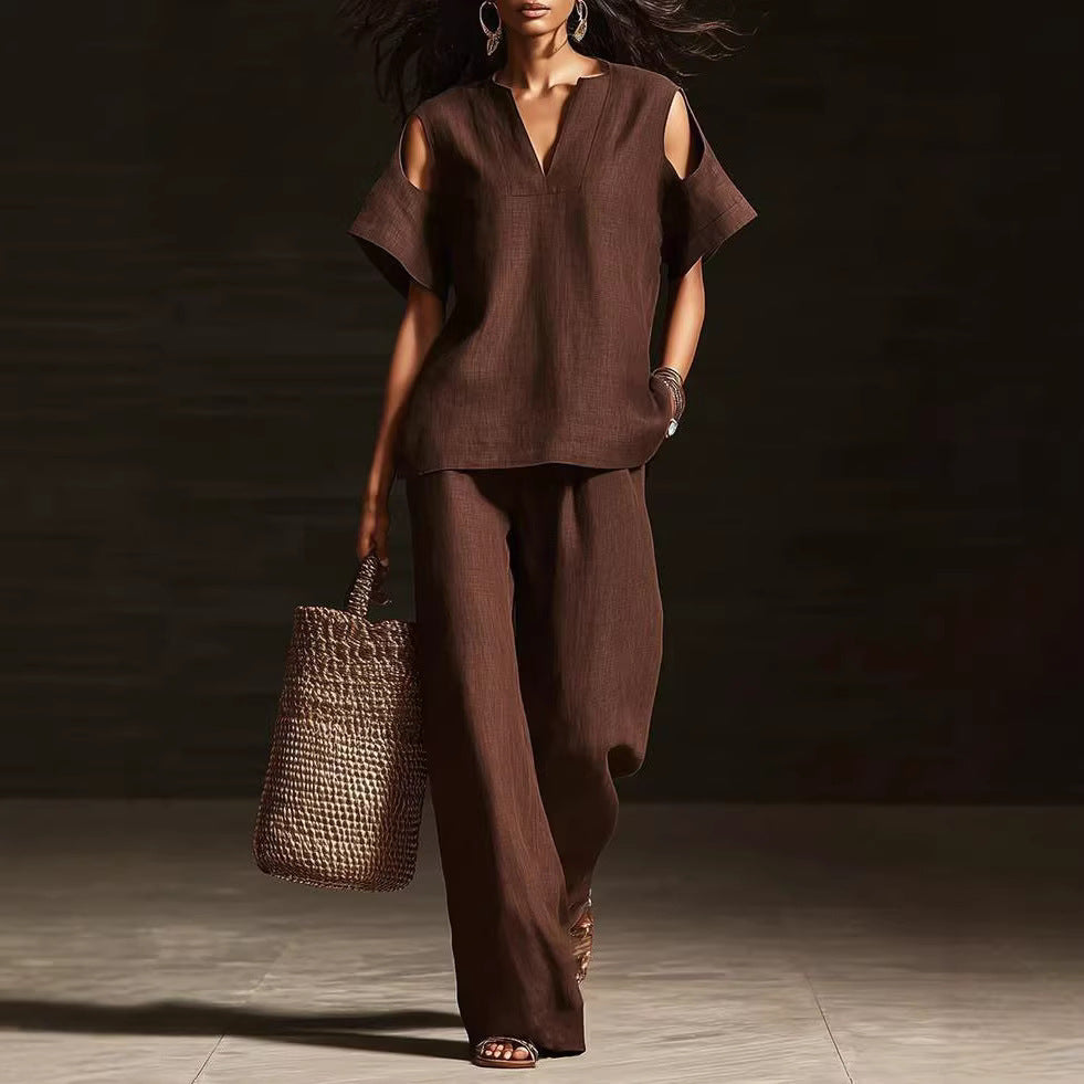 Womens Solid-Colored V-Neck Straight-Leg Pants Short-Sleeve Set With Ripped Details
