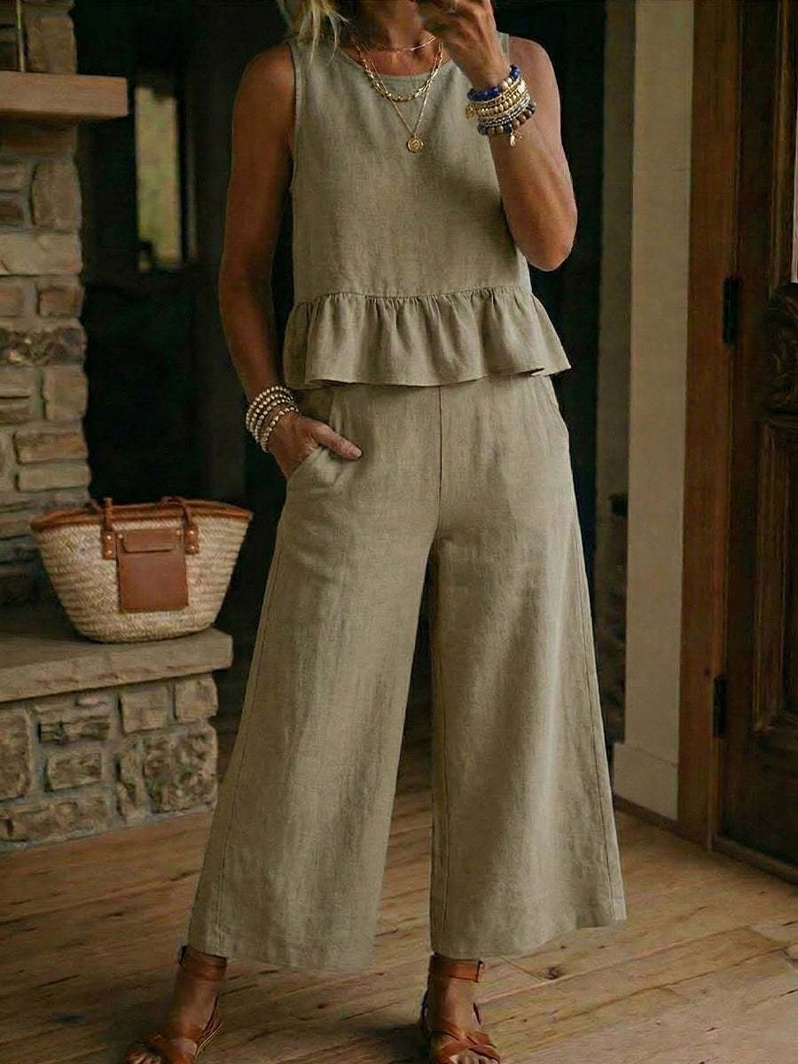 Womens Ruffled Hem Sleeveless Tank Top And Cropped Pants Cotton-Linen Set