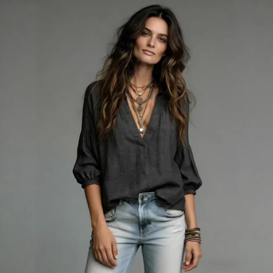 Womens Loose Casual V-Neck Three-Quarter Sleeve Shirt