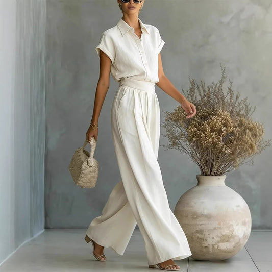 Fashionable Casual Solid-Colored Shirt And Wide-Leg Pants Two-Piece Set