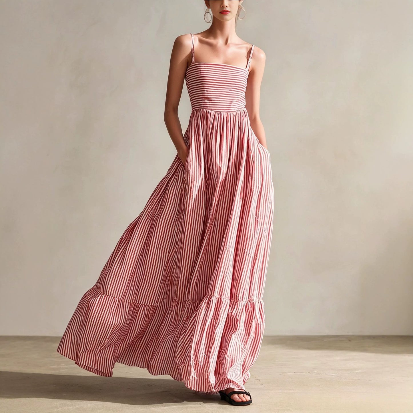 Striped Woven Sleeveless Long Dress With Thin Straps