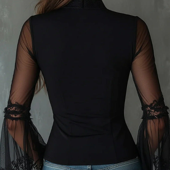 Black Crew-Neck Long-Sleeve Sheer Vintage Zippered Tulle Shirt
