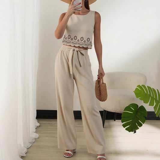 Solid-color Hollow-out Vest And High-waist Straight-leg Pants Set
