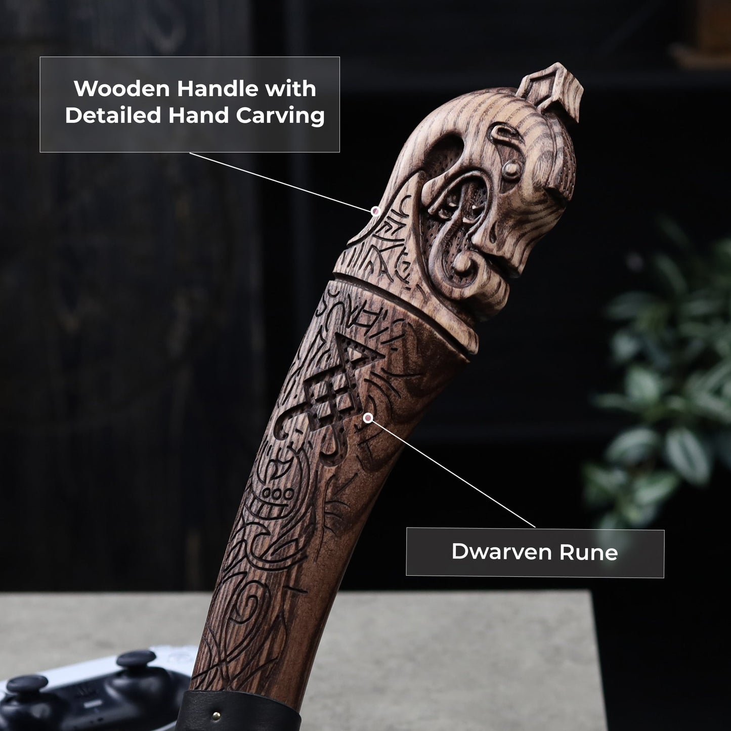 Hand-forged "Ragnarok Kratos axe" with carved handle and Glow-in-the-Dark Runes