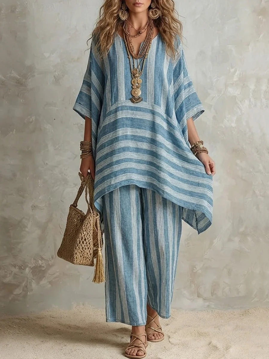 Boho Stripe Loose Top &amp; Wide-Leg Pants Set