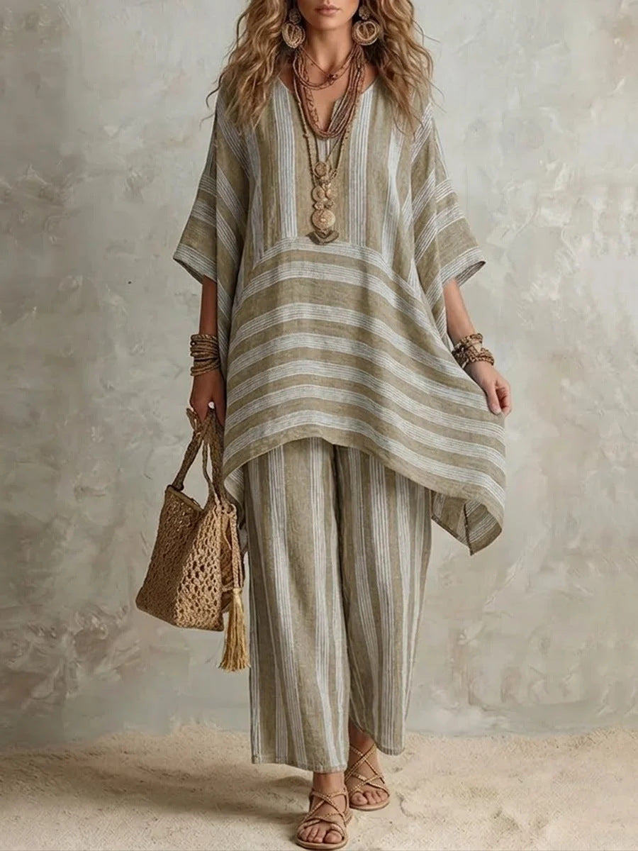 Boho Stripe Loose Top &amp; Wide-Leg Pants Set