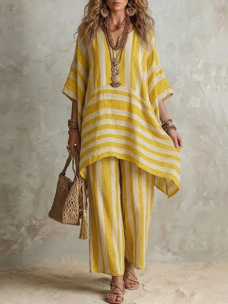 Boho Stripe Loose Top &amp; Wide-Leg Pants Set