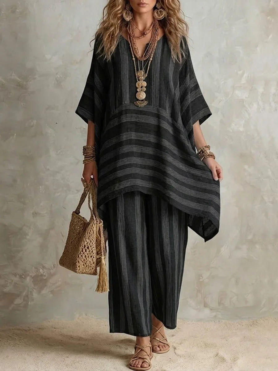 Boho Stripe Loose Top &amp; Wide-Leg Pants Set