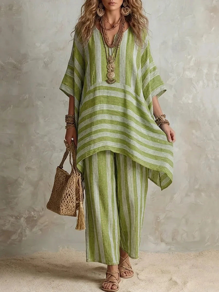 Boho Stripe Loose Top &amp; Wide-Leg Pants Set
