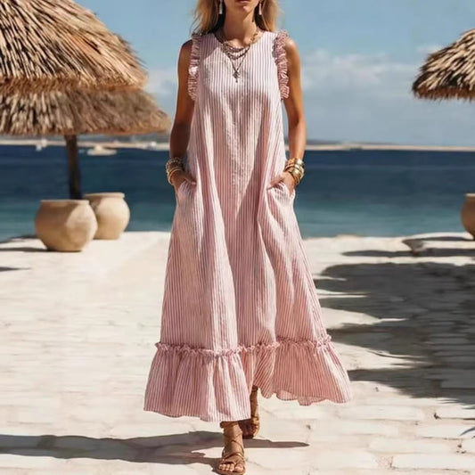 Sleeveless Ruffled Loose Striped Dress