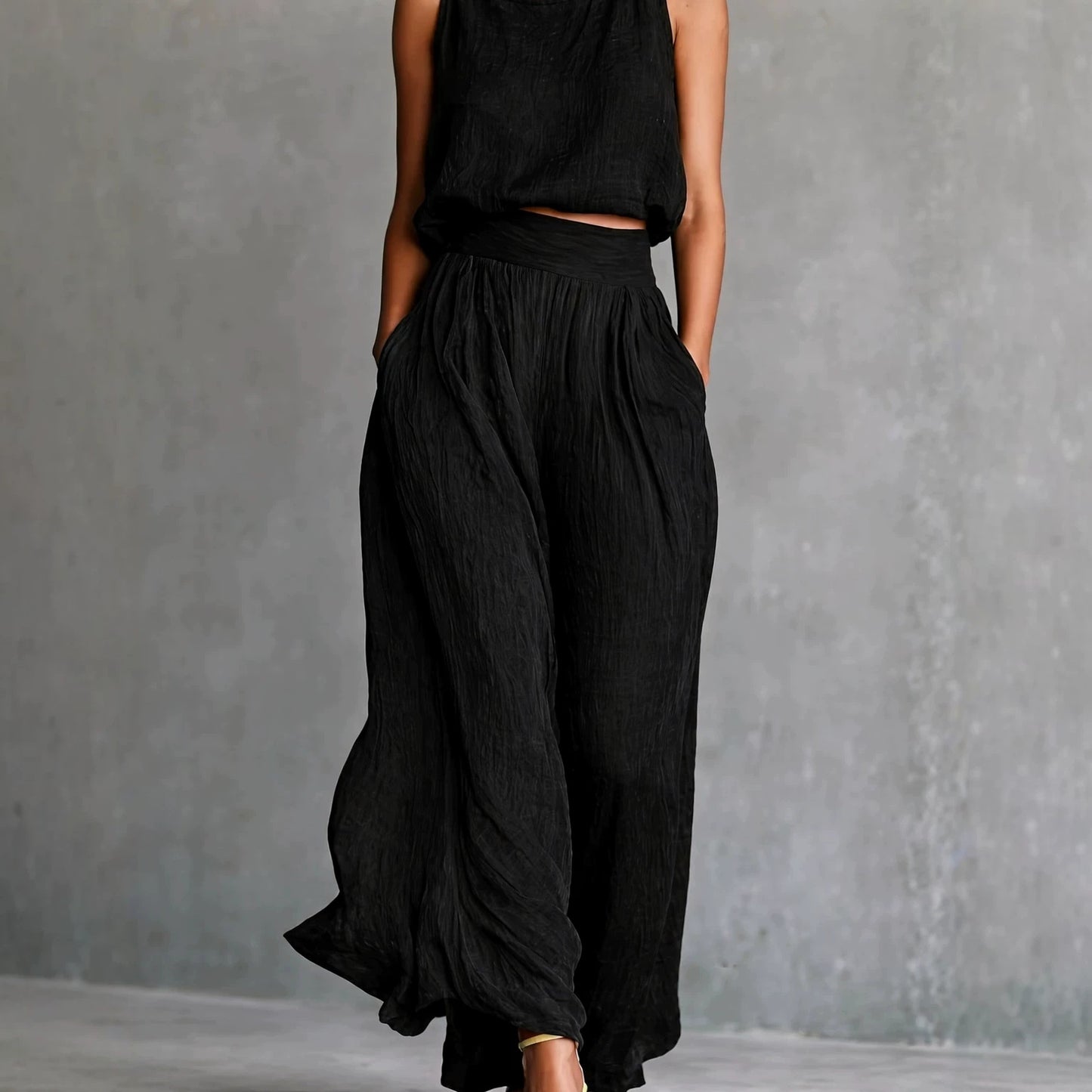 Casual Sleeveless Loose Crew-Neck Top And Wide-Leg Pants Set