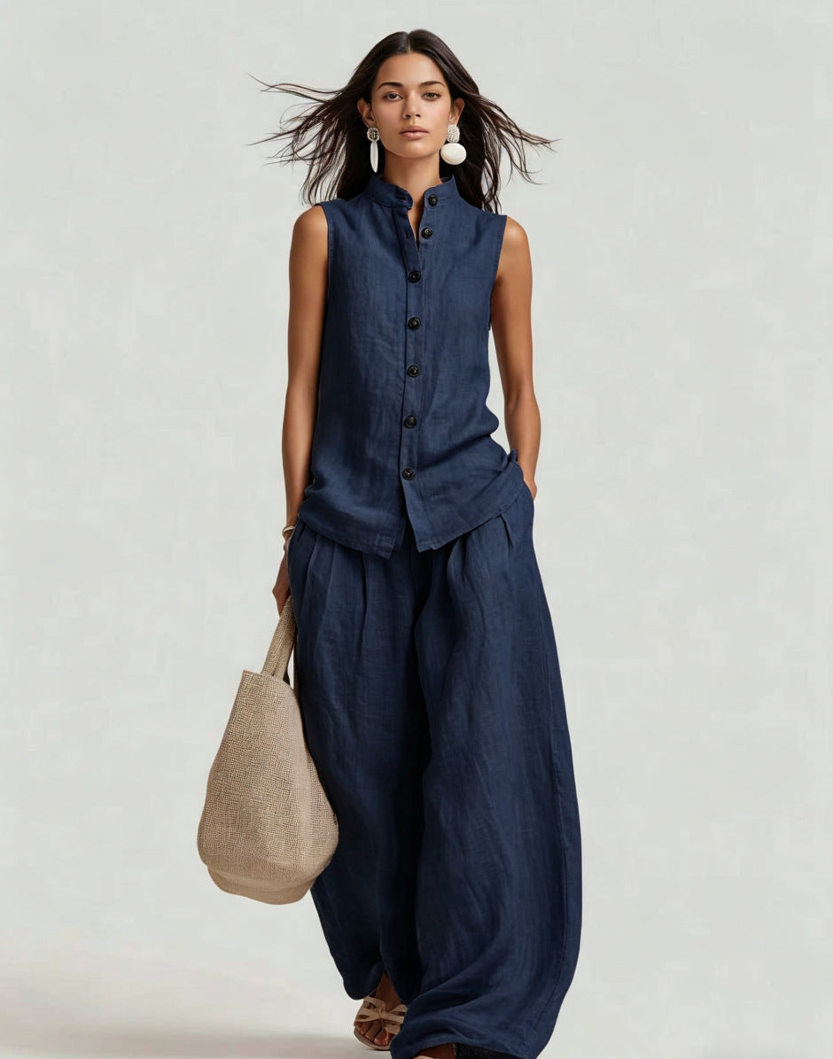 Stand-up Collar Sleeveless Shirt And High-waisted Wide-leg Pants Set