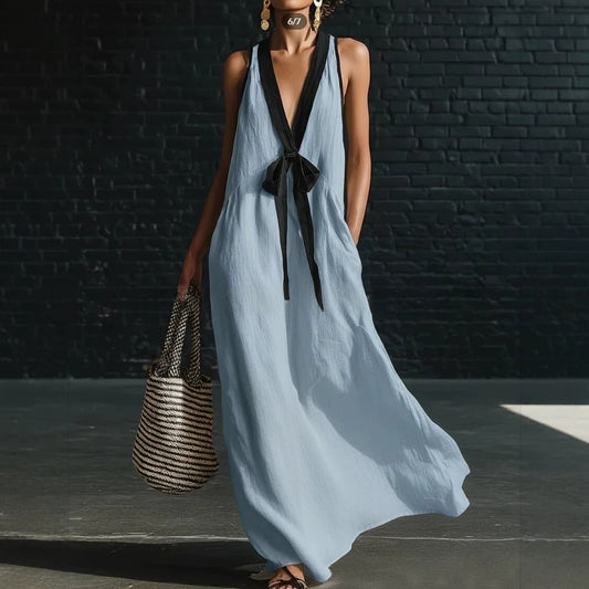 Classic Elegant Contrast-color Necktie Long Dress
