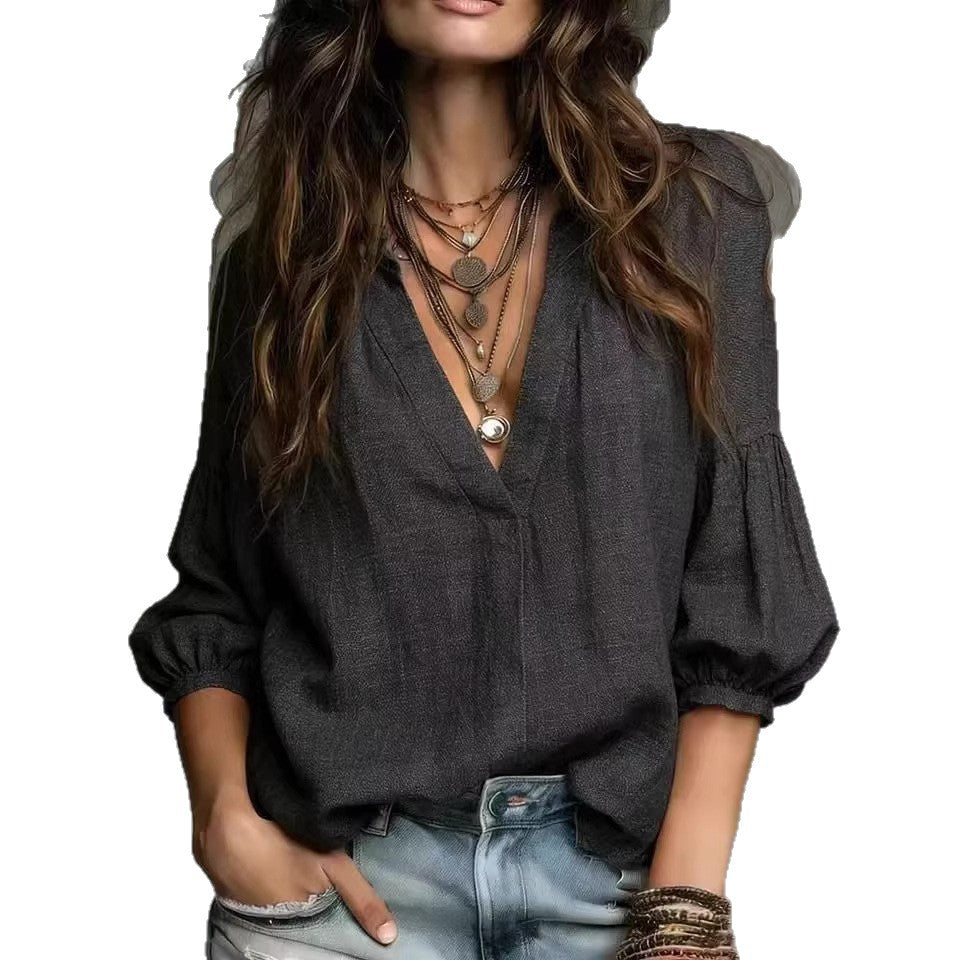 Womens Loose Casual V-Neck Three-Quarter Sleeve Shirt