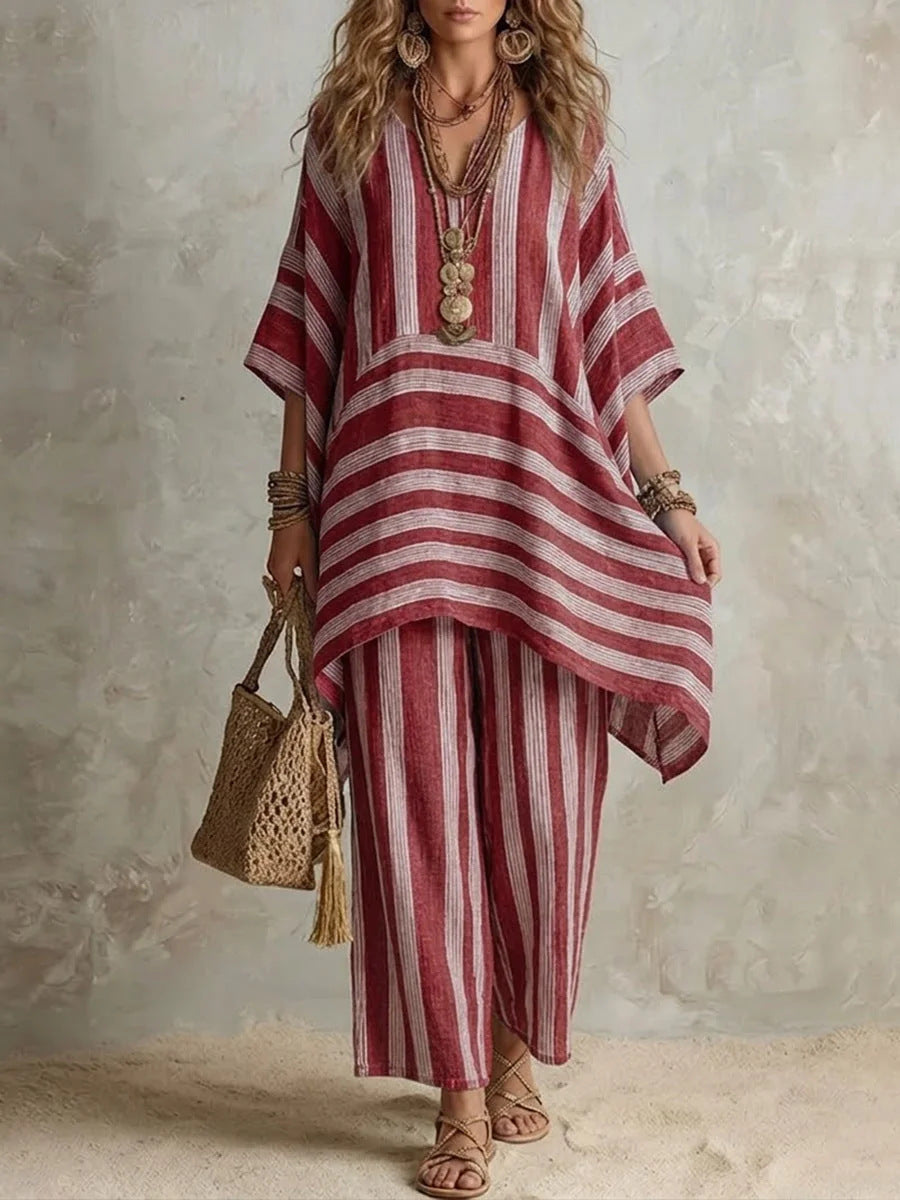 Boho Stripe Loose Top &amp; Wide-Leg Pants Set