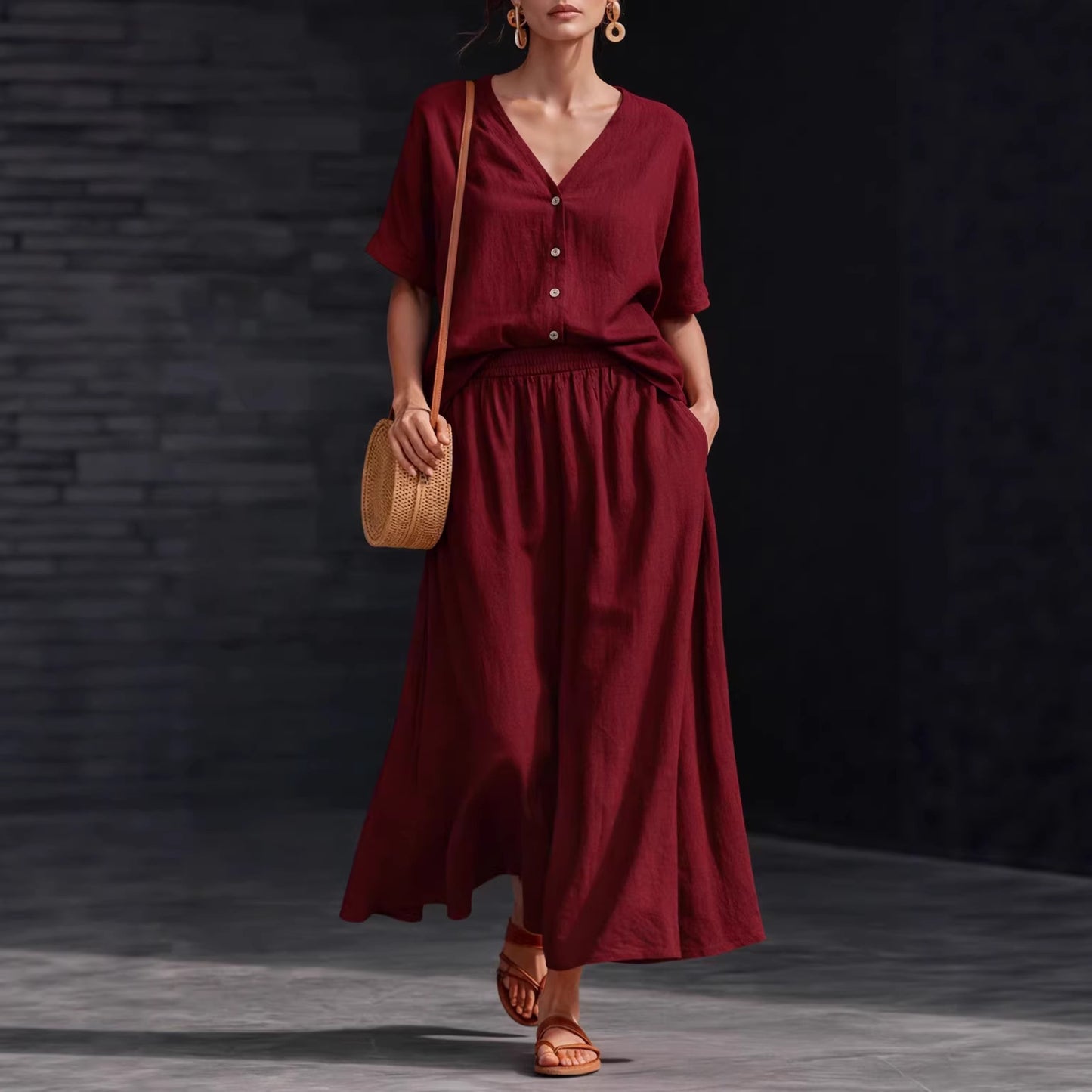 Cotton-linen V-neck Button-up Short-sleeve Top And Skirt Set