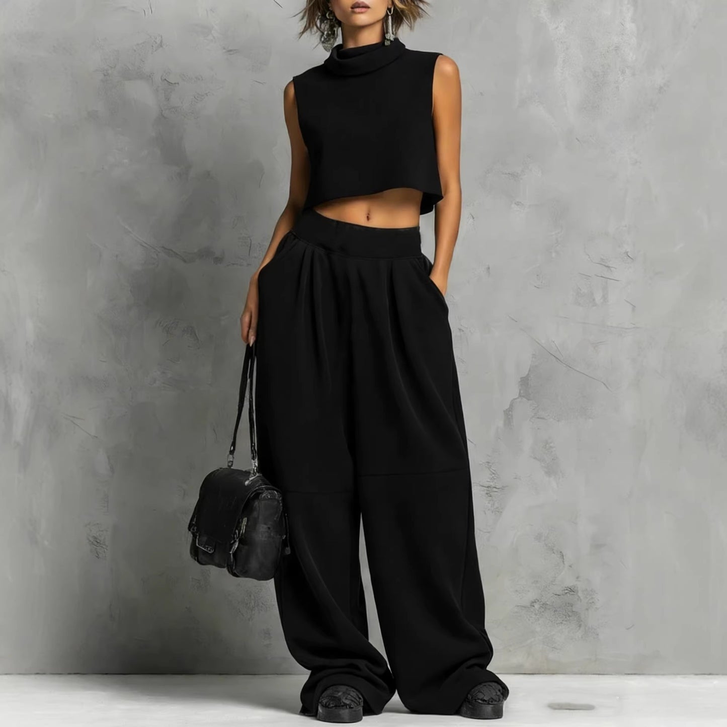 Womens Simple Loose Sleeveless Sweatshirt And Sweatpants Set