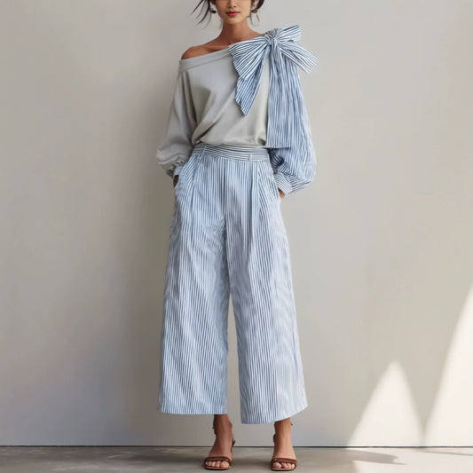 Striped Casual Elegant Straight-Leg Pants Womens Suit