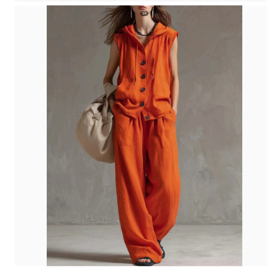 Sleeveless Loose Casual Hooded Top High-Waist Wide-Leg Pants Set