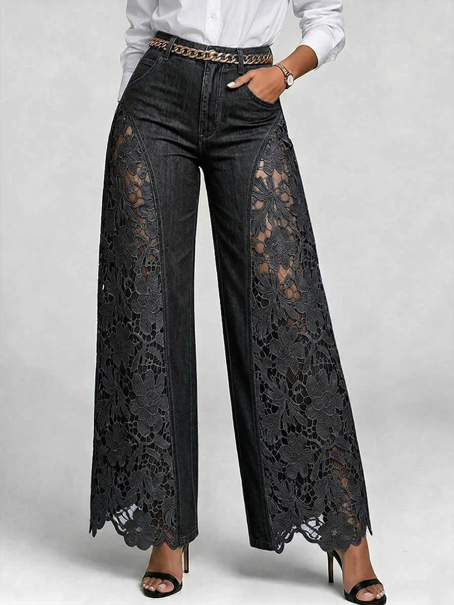 High-waisted Wide-leg Pants Womens Lace-panelled Jeans