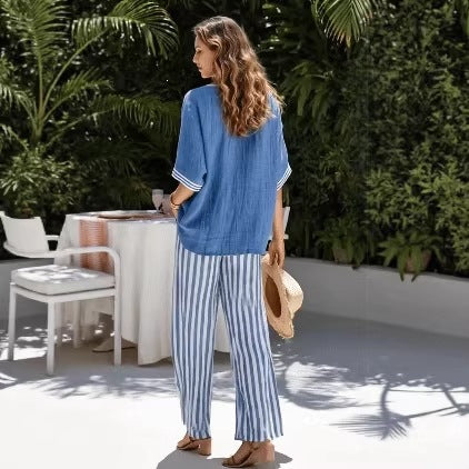 Tunic-style Striped Casual Trousers Womens Outfit