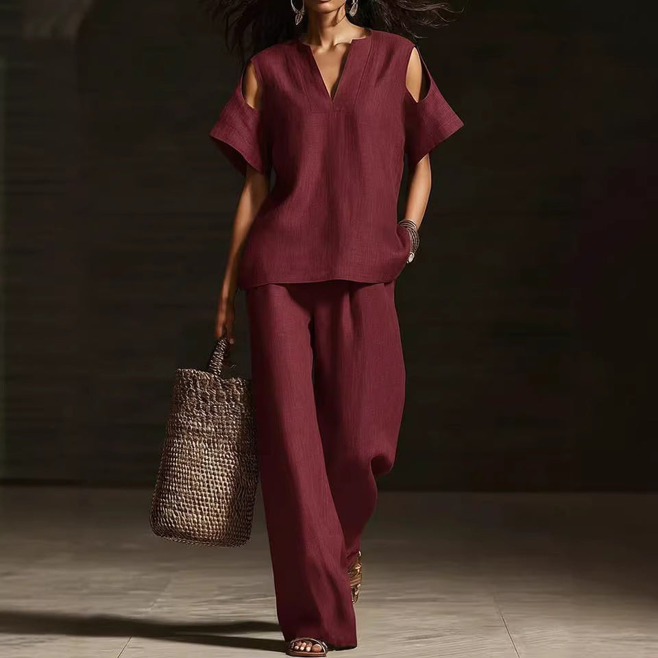 Womens Solid-Colored V-Neck Straight-Leg Pants Short-Sleeve Set With Ripped Details