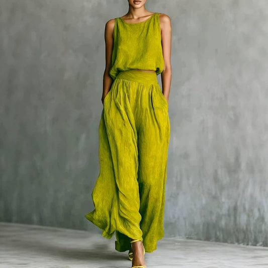 Casual Sleeveless Loose Crew-Neck Top And Wide-Leg Pants Set