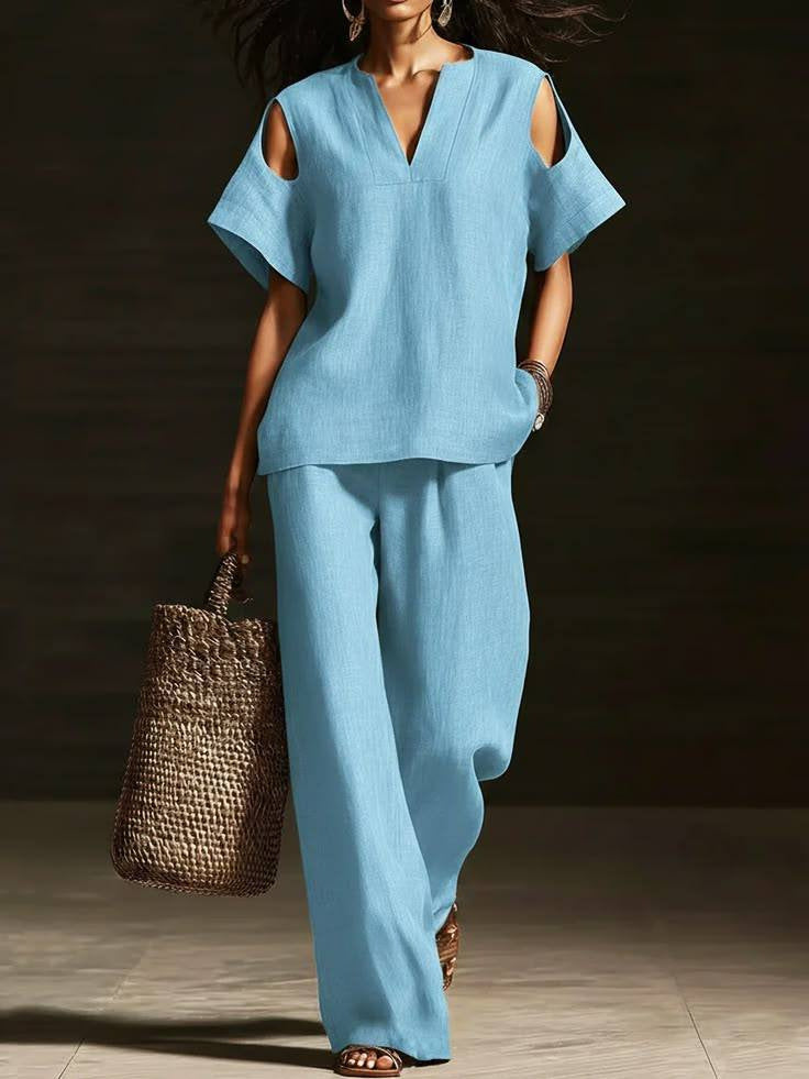 Womens Solid-Colored V-Neck Straight-Leg Pants Short-Sleeve Set With Ripped Details