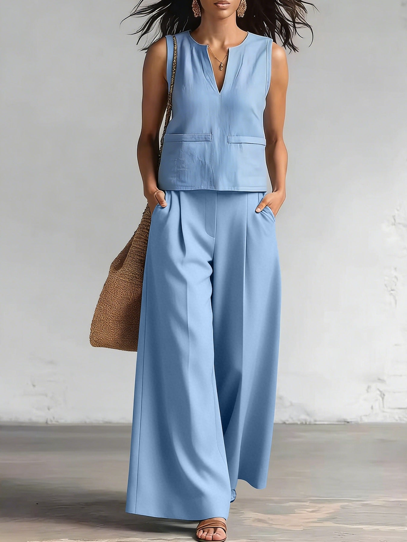 Solid-color Elegant Two-piece Set Crew-neck Vest And Wide-leg Pants