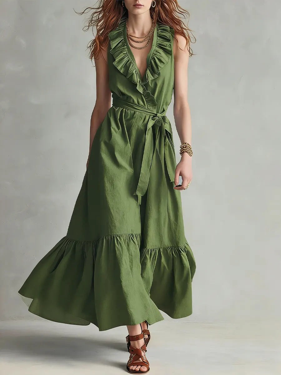 V-neck Sleeveless Lace-Up Panelled Dress