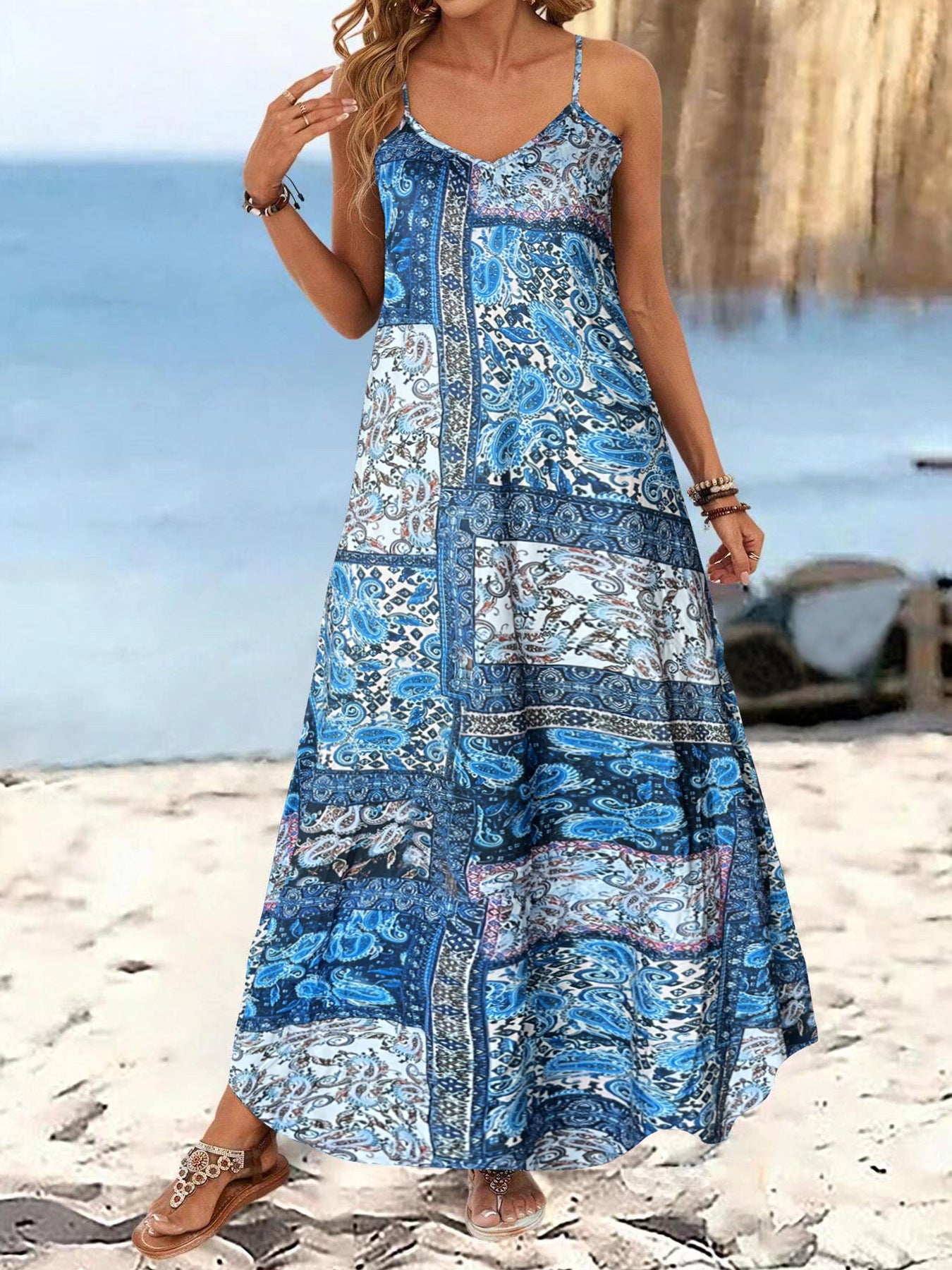 Resort-Style Printed Casual V-Neck Slip Dress With Straps
