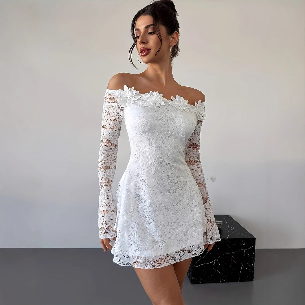SpringSummer White Off-Shoulder Lace Short Dress For Women
