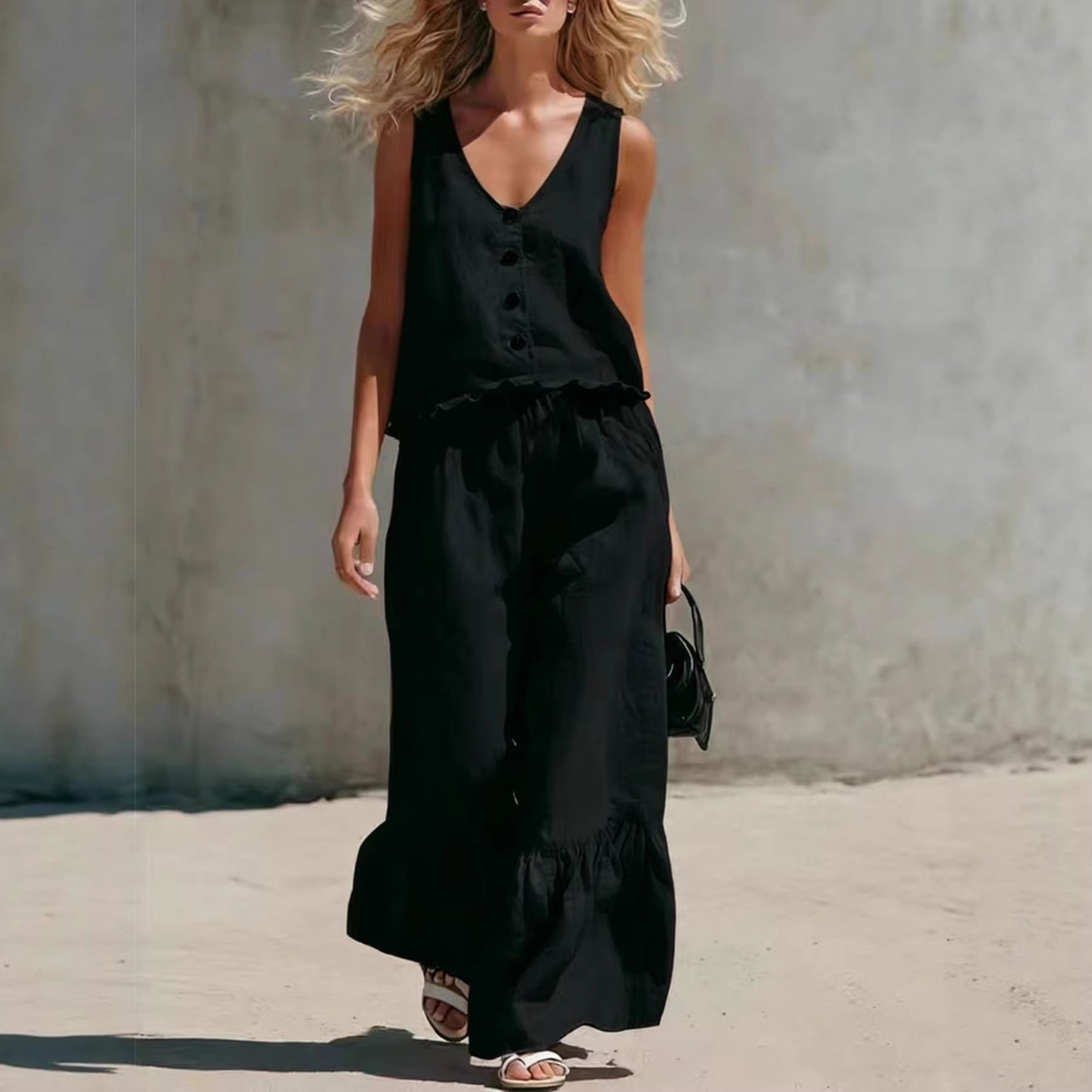 Womens Fashion Casual Solid Color V-Neck Vest And Pants Two-Piece Set