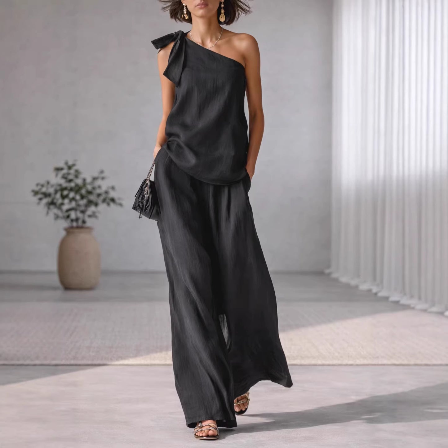 Sleeveless One-shoulder Top With Tie Detail And Wide-leg Pants