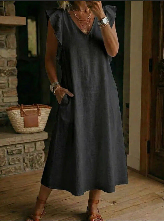 Womens Loose Cotton-Linen Suspender Dress With Ruffled Sleeves